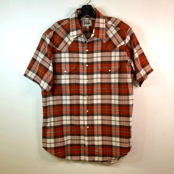 ELY CATTLEMAN Mens Brown Plaid Short Sleeve Western Yoke Pearl Snap Shirt, sz LG - Picture 3 of 8
